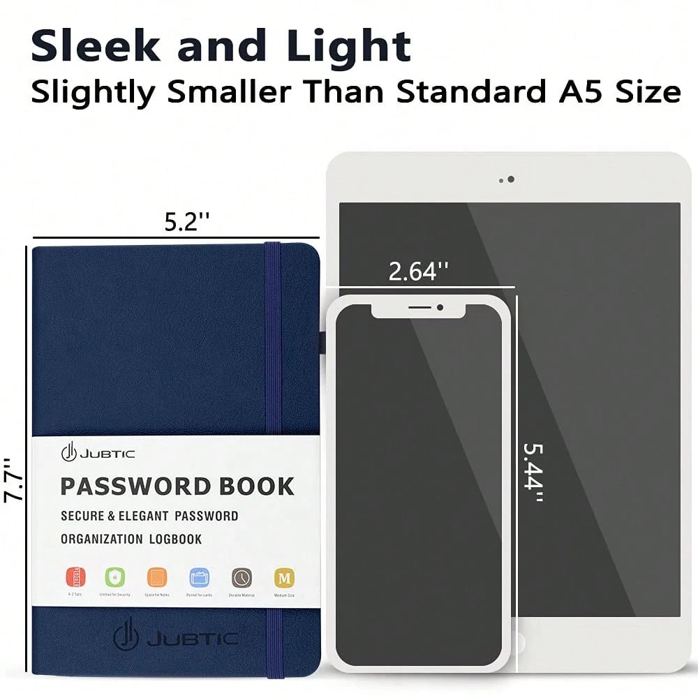 Password Keeper Book With Alphabetical Tabs. Medium Size Password Book For Seniors, Internet Website Address Log In Detail. Hardcover Password Notebook For Home Office, Navy Blue