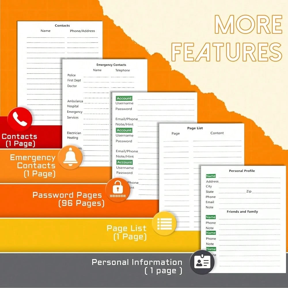 Password Keeper With Alphabetical Tabs, Internet Password Organizer For Contacts, Websitesm Special Days And Notes – 6'' X5.1'', Orange