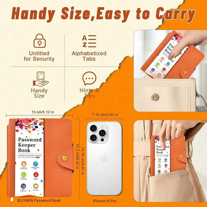 Password Keeper With Alphabetical Tabs, Internet Password Organizer For Contacts, Websitesm Special Days And Notes – 6'' X5.1'', Orange