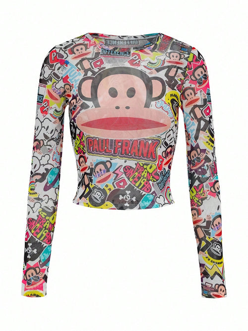 Paul Frank X Women's Cartoon Pattern Tight Fit Crew Neck Long Sleeve Top