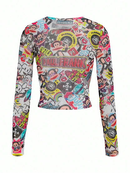 Paul Frank X Women's Cartoon Pattern Tight Fit Crew Neck Long Sleeve Top