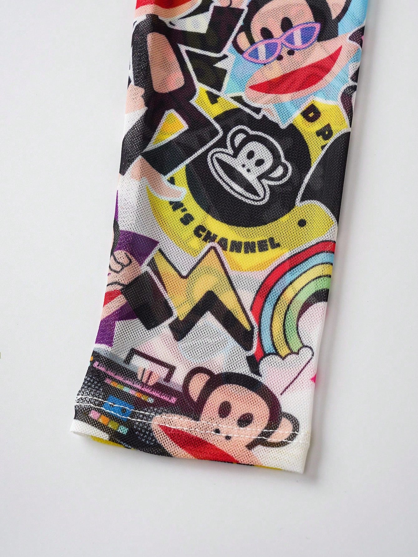 Paul Frank X Women's Cartoon Pattern Tight Fit Crew Neck Long Sleeve Top