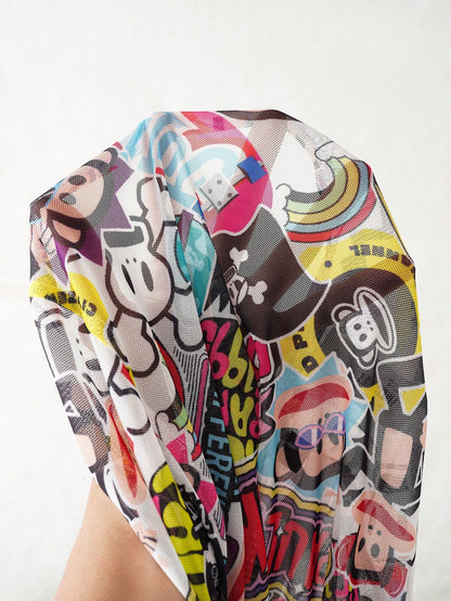 Paul Frank X Women's Cartoon Pattern Tight Fit Crew Neck Long Sleeve Top
