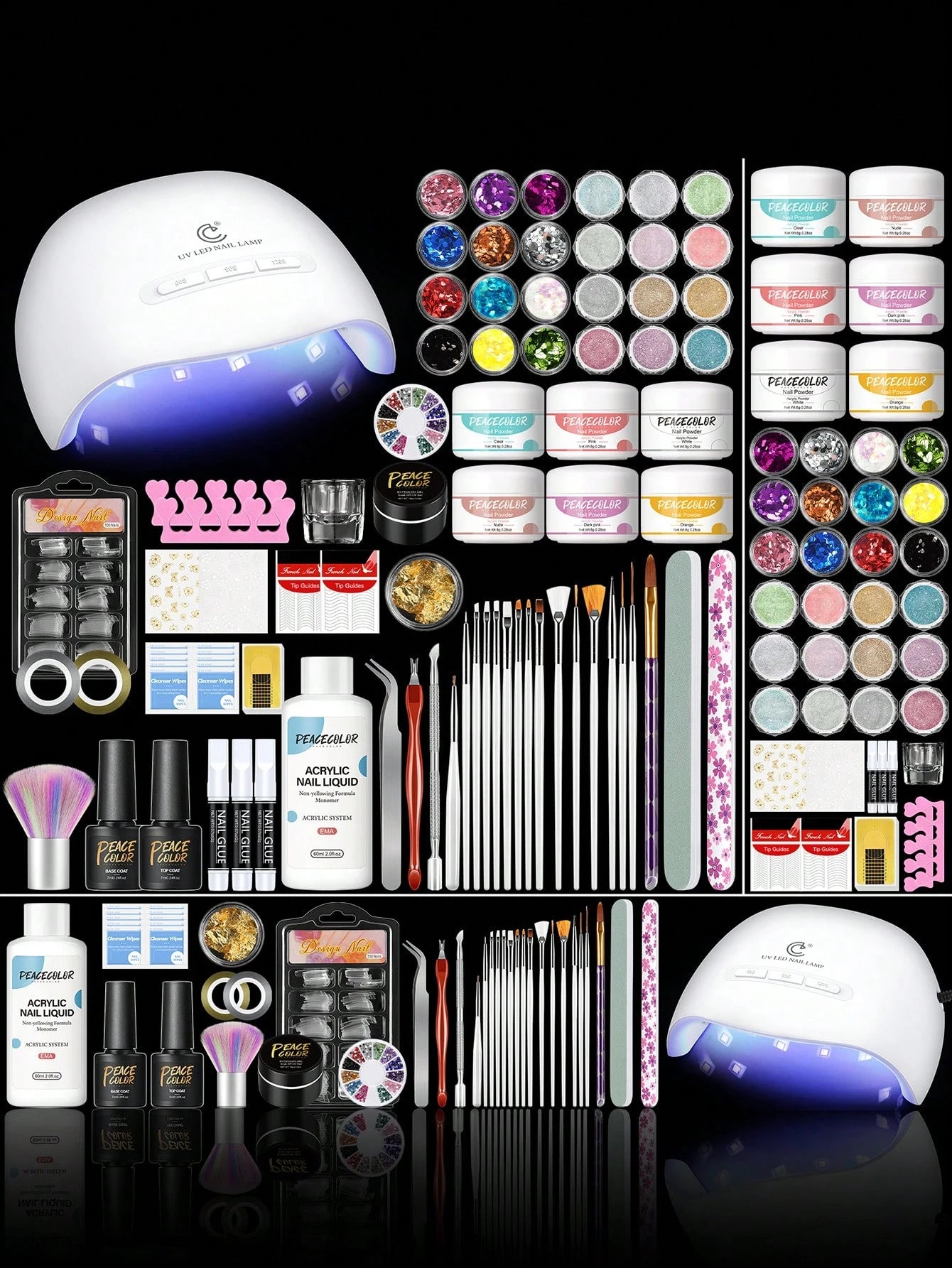 PEACECOLOR Beginner Acrylic Nail Kit With UV Nail Lamp Glitter Powder Complete DlY Nail Art Starter Kit For Gift Nail Extensions Gift Set
