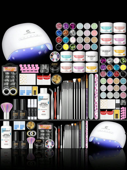 PEACECOLOR Beginner Acrylic Nail Kit With UV Nail Lamp Glitter Powder Complete DlY Nail Art Starter Kit For Gift Nail Extensions Gift Set