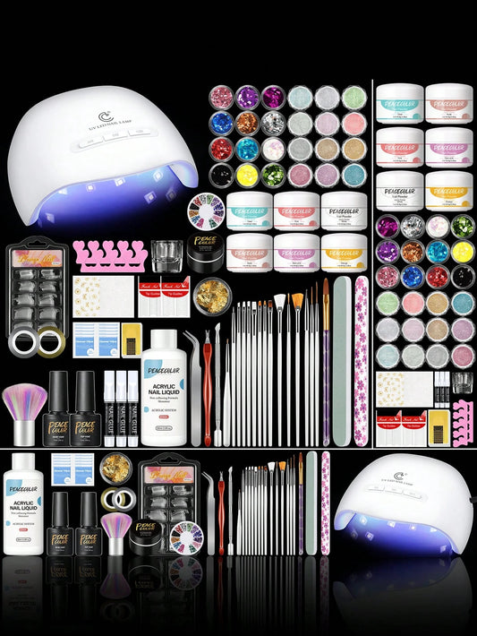 PEACECOLOR Beginner Acrylic Nail Kit With UV Nail Lamp Glitter Powder Complete DlY Nail Art Starter Kit For Gift Nail Extensions Gift Set