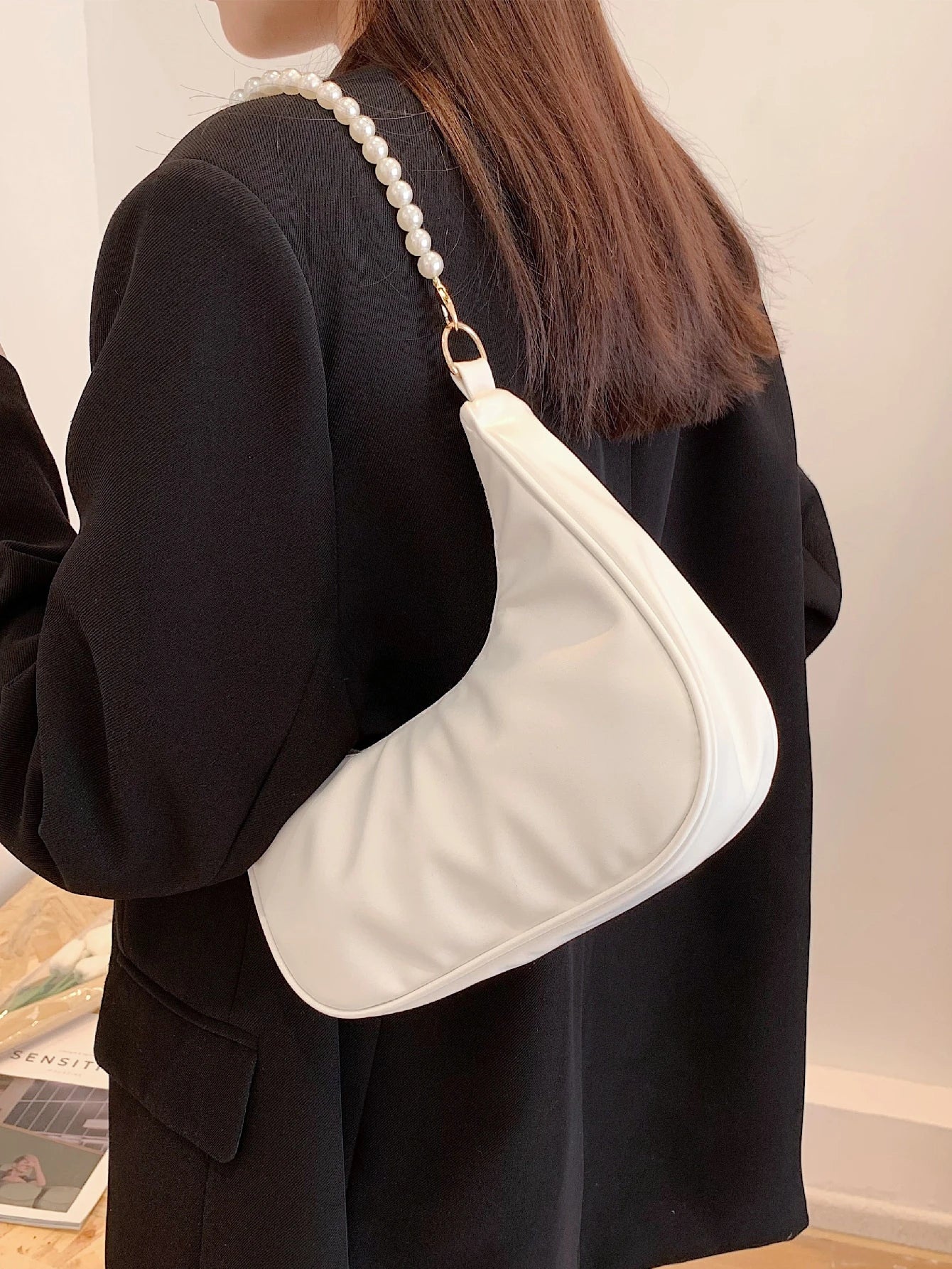 Pearl Crescent Underarm Shoulder Bag, Fashion Underarm Shoulder Bag, Elegant Commuter Bag, Pearl Handbag, Pearl Bag, Cream Bag