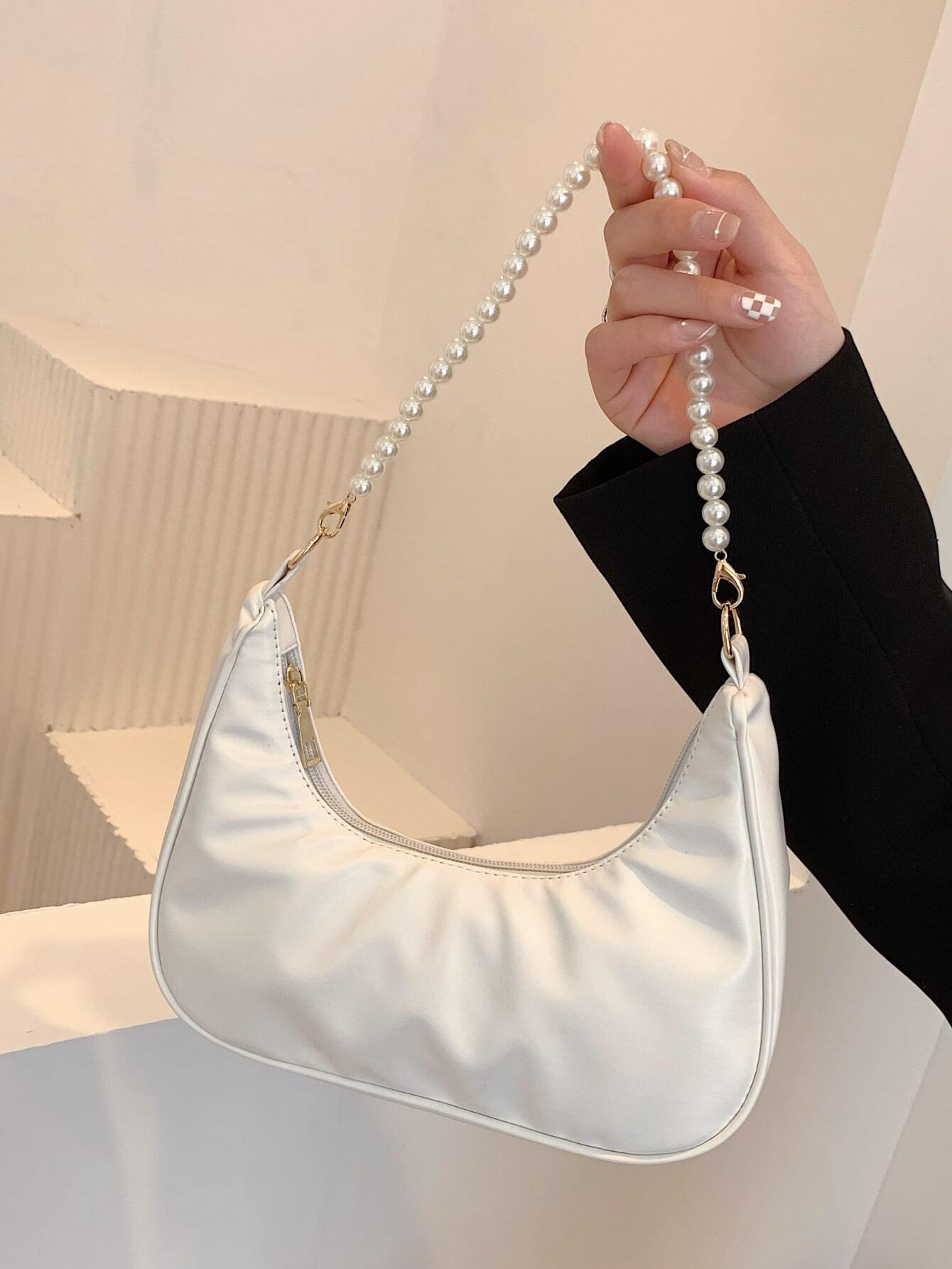 Pearl Crescent Underarm Shoulder Bag, Fashion Underarm Shoulder Bag, Elegant Commuter Bag, Pearl Handbag, Pearl Bag, Cream Bag