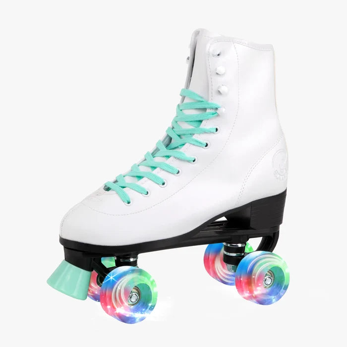 White roller skates with colorful wheels on a white background