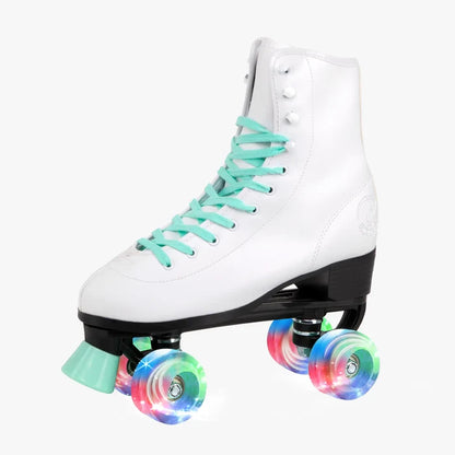 White roller skates with colorful wheels on a white background