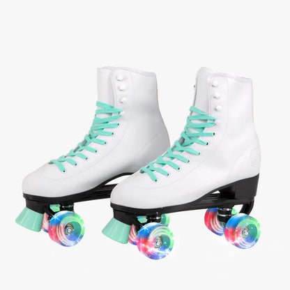 White roller skates with teal laces and colorful wheels on a white background
