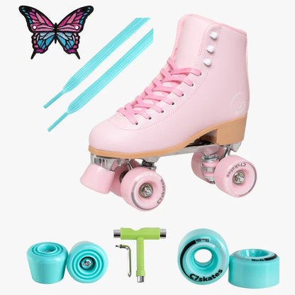Pink roller skates with accessories on a white background