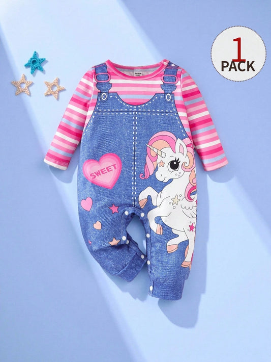 Perso Play Baby Girl Casual Denim Effect Print & Striped Jumpsuit, Spring/Fall