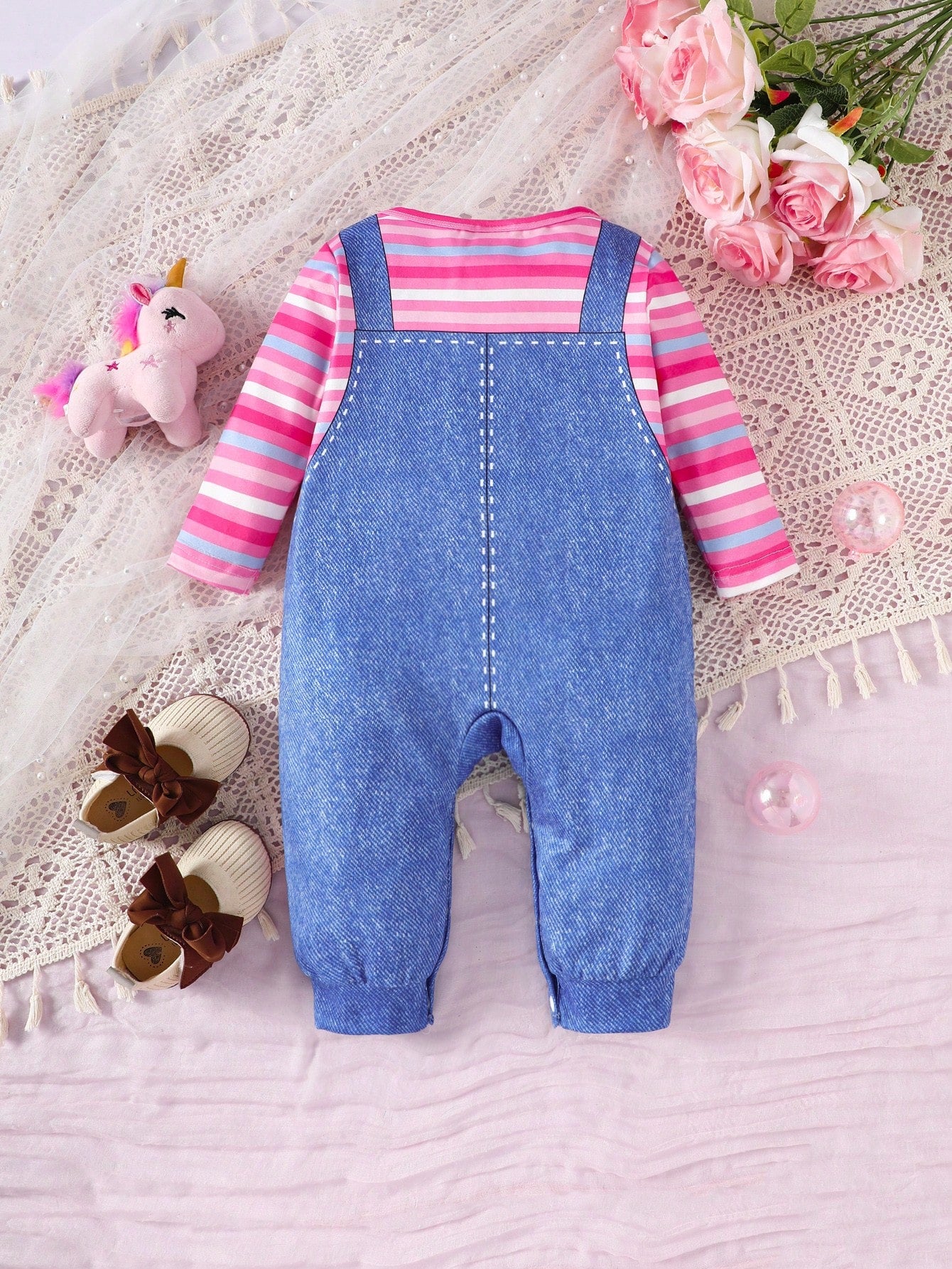 Perso Play Baby Girl Casual Denim Effect Print & Striped Jumpsuit, Spring/Fall