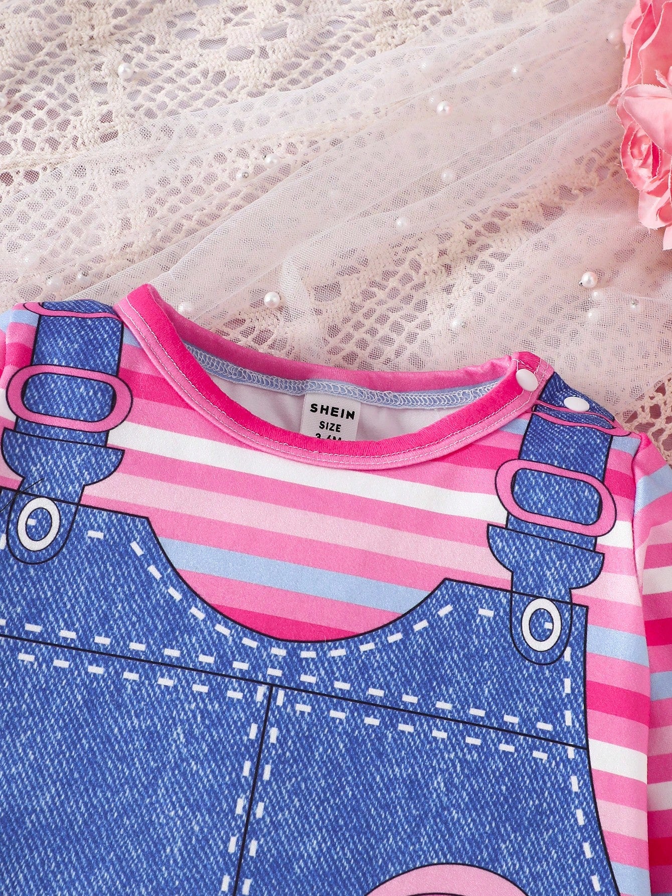 Perso Play Baby Girl Casual Denim Effect Print & Striped Jumpsuit, Spring/Fall