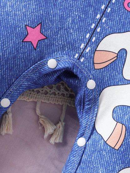Perso Play Baby Girl Casual Denim Effect Print & Striped Jumpsuit, Spring/Fall