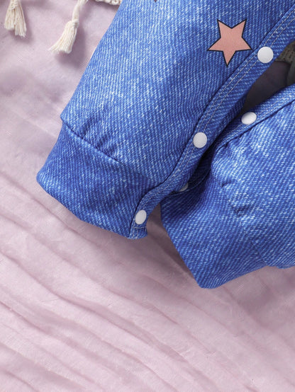 Perso Play Baby Girl Casual Denim Effect Print & Striped Jumpsuit, Spring/Fall