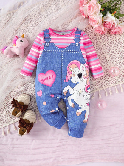 Perso Play Baby Girl Casual Denim Effect Print & Striped Jumpsuit, Spring/Fall