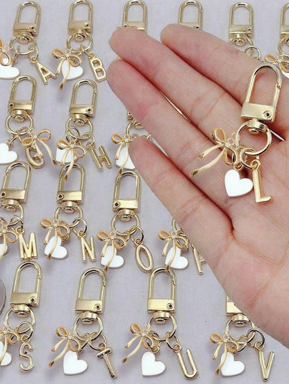 Personalized Heart-Shaped Pendant With 3D Bowknot, A-Z Initial, And Gift Message, Heart-Shaped Keychain, Customized Bag Pendant, Bag Hook, Unique Phone Accessory Pendant, Bag Decoration, Minimalist Bo