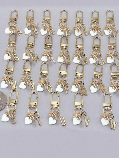 Personalized Heart-Shaped Pendant With 3D Bowknot, A-Z Initial, And Gift Message, Heart-Shaped Keychain, Customized Bag Pendant, Bag Hook, Unique Phone Accessory Pendant, Bag Decoration, Minimalist Bo
