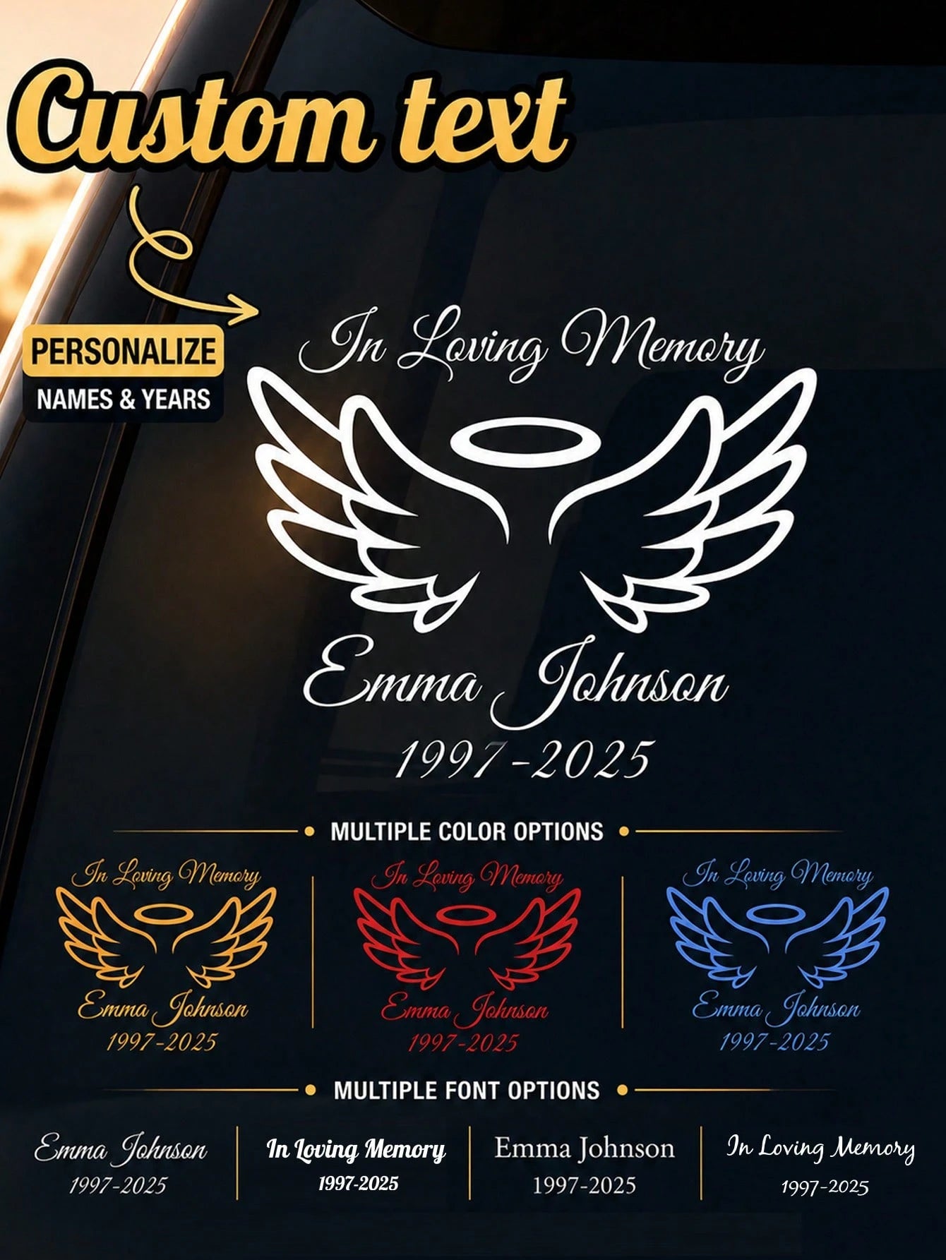 Personalized Memorial Car Sticker- Custom Angel Wings Memorial Sticker With Name And Date| RIP Memorial Car Window Sticker| Waterproof Cut Memorial Sticker For Car, Truck, SUV Windows| Mourning Me