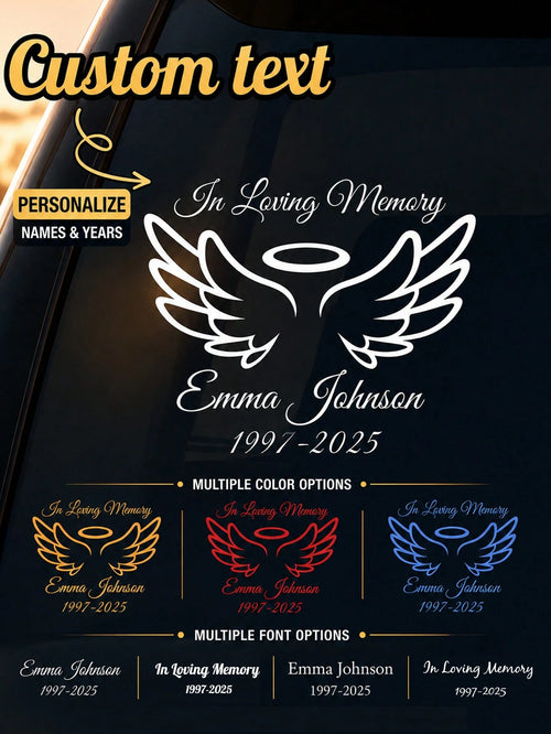 Personalized Memorial Car Sticker- Custom Angel Wings Memorial Sticker With Name And Date| RIP Memorial Car Window Sticker| Waterproof Cut Memorial Sticker For Car, Truck, SUV Windows| Mourning Me