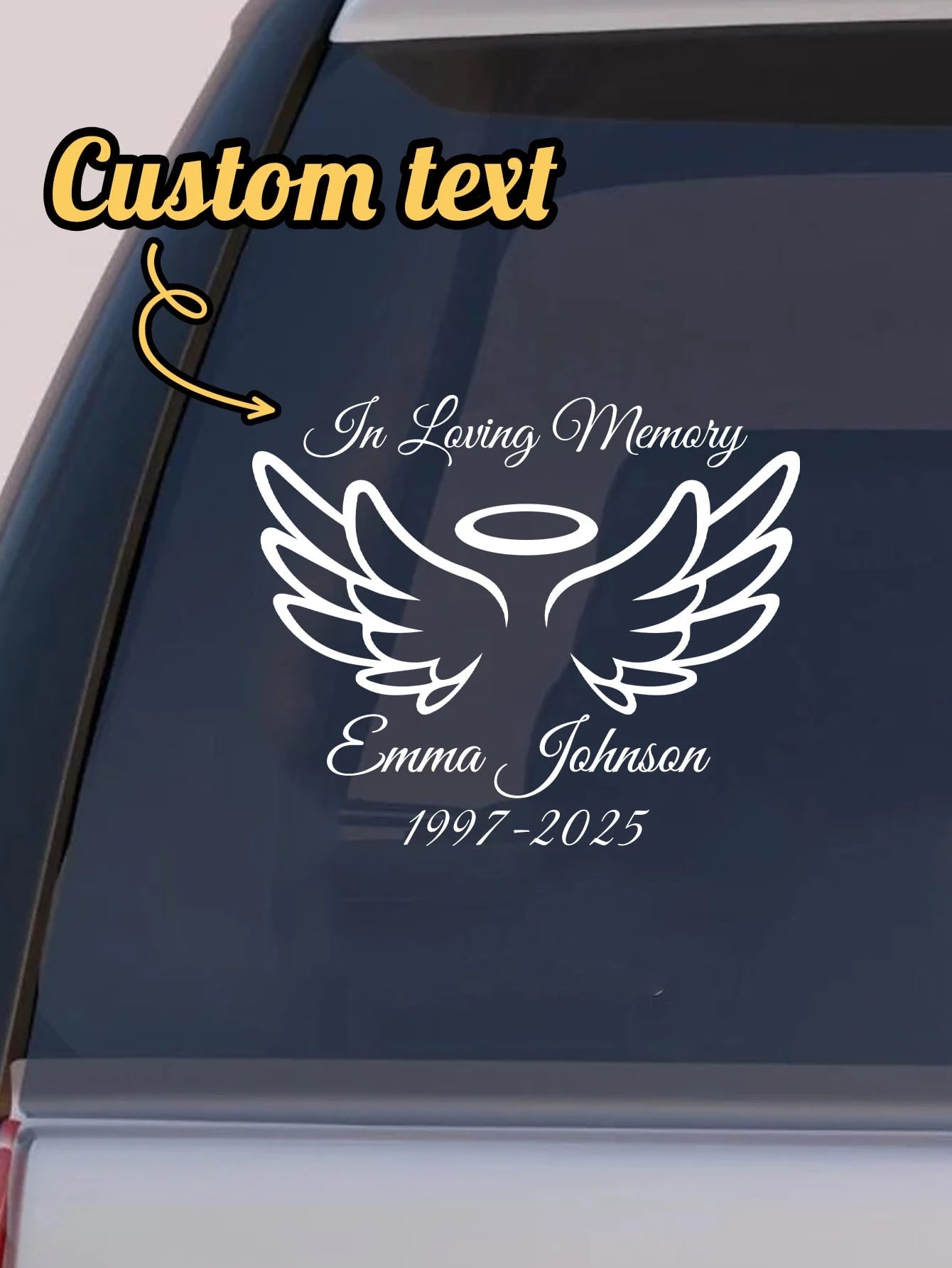 Personalized Memorial Car Sticker- Custom Angel Wings Memorial Sticker With Name And Date| RIP Memorial Car Window Sticker| Waterproof Cut Memorial Sticker For Car, Truck, SUV Windows| Mourning Me