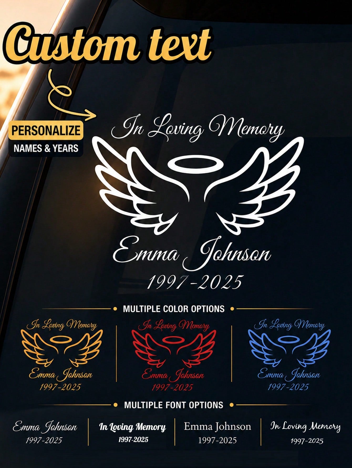 Personalized Memorial Car Sticker- Custom Angel Wings Memorial Sticker With Name And Date| RIP Memorial Car Window Sticker| Waterproof Cut Memorial Sticker For Car, Truck, SUV Windows| Mourning Me