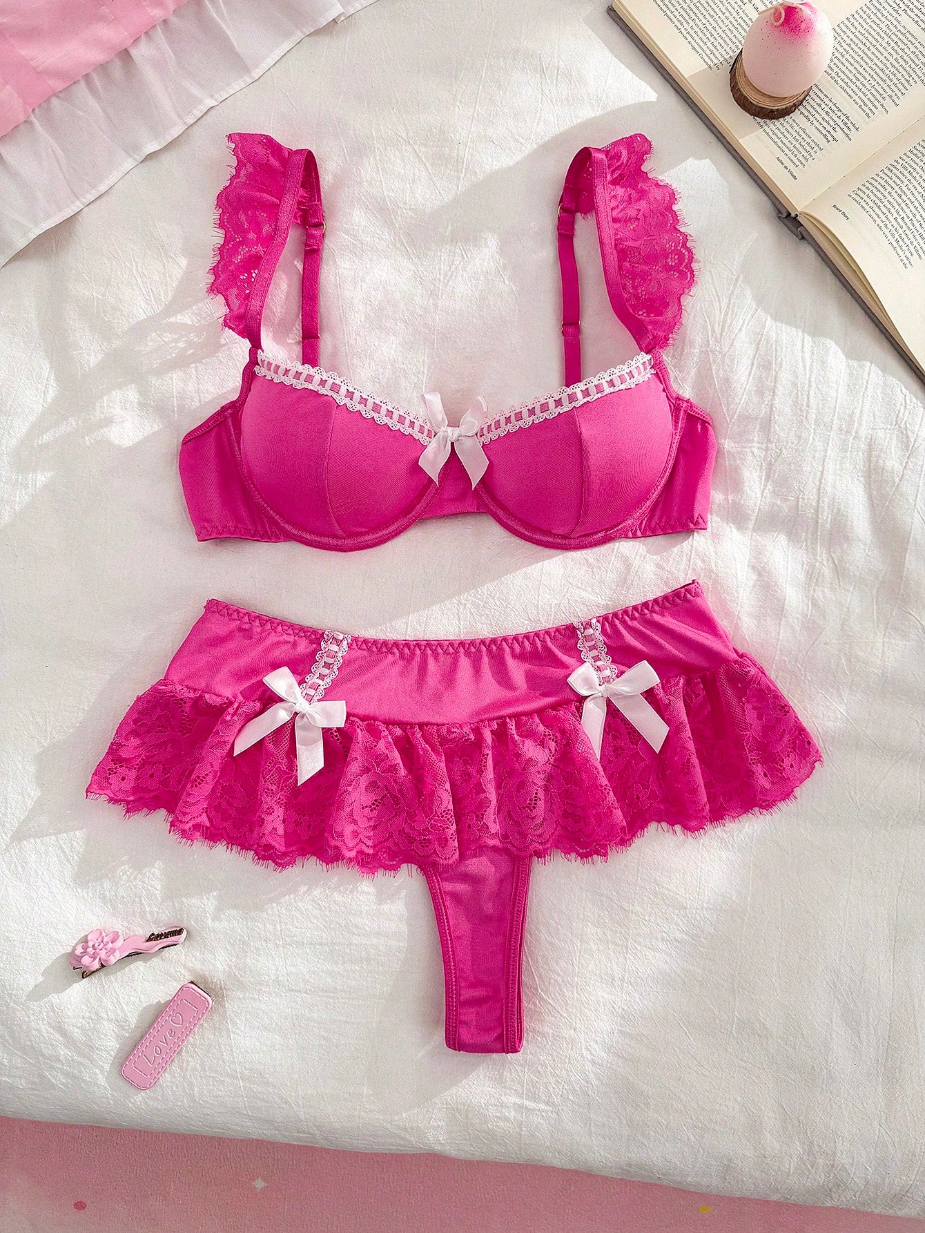 PetitDoll Lace Patchwork Women's Lingerie Set (Women's Bra & Low-Waist Mini Skirt Style Thong 2pcs Set)