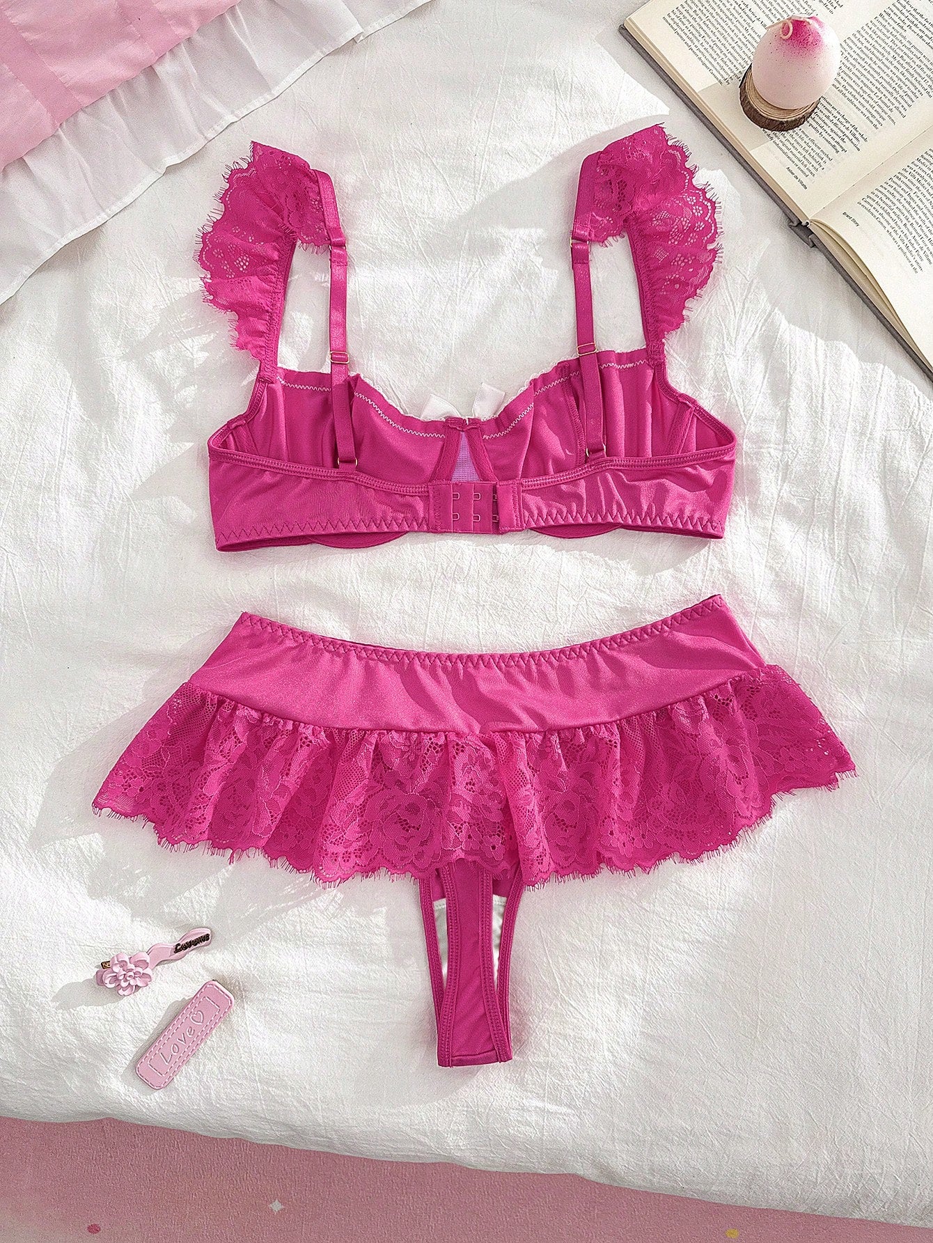 PetitDoll Lace Patchwork Women's Lingerie Set (Women's Bra & Low-Waist Mini Skirt Style Thong 2pcs Set)
