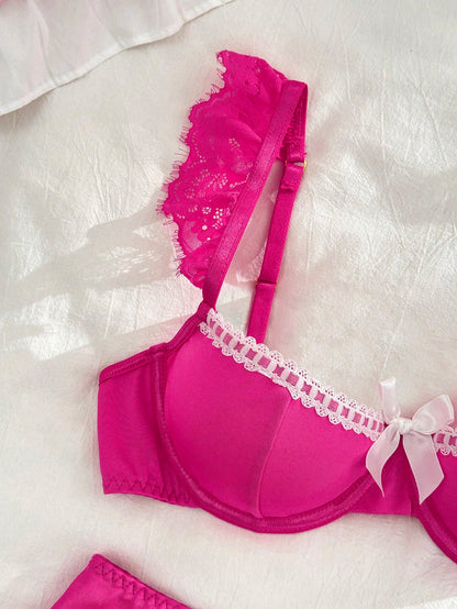 PetitDoll Lace Patchwork Women's Lingerie Set (Women's Bra & Low-Waist Mini Skirt Style Thong 2pcs Set)