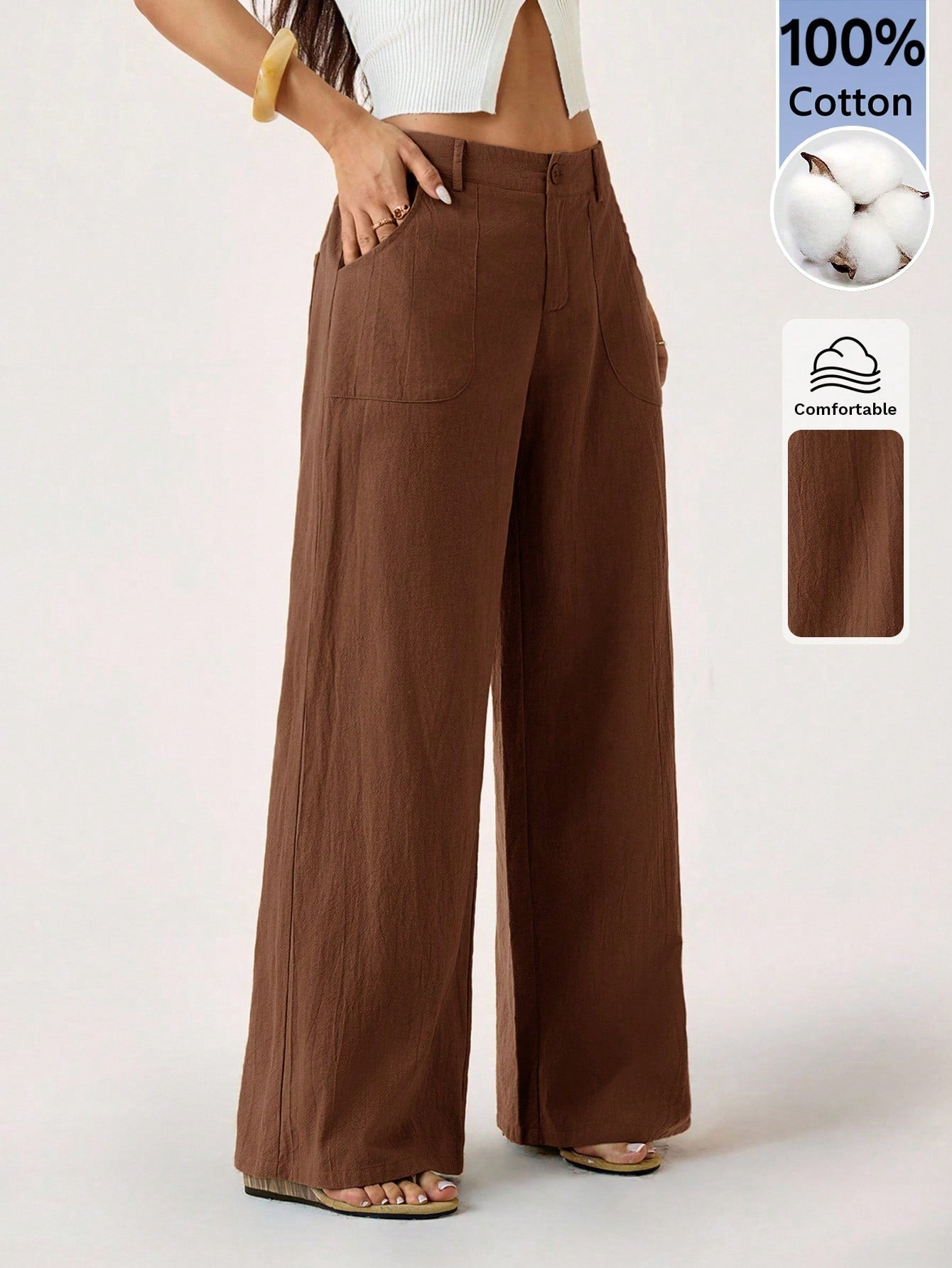 PETITE 100% Washed Cotton Low Waist Straight Pants Linen Pants For Women Loose Pants For Women Pants For Women Brown Pants For Women Wide Leg Pants,Petite Women