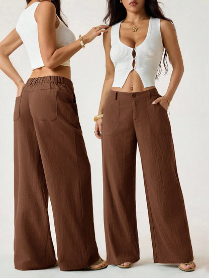 PETITE 100% Washed Cotton Low Waist Straight Pants Linen Pants For Women Loose Pants For Women Pants For Women Brown Pants For Women Wide Leg Pants,Petite Women