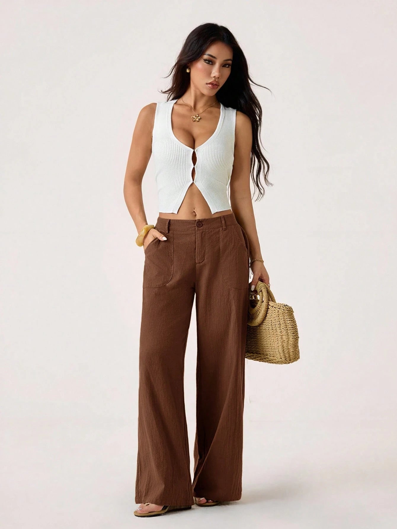 PETITE 100% Washed Cotton Low Waist Straight Pants Linen Pants For Women Loose Pants For Women Pants For Women Brown Pants For Women Wide Leg Pants,Petite Women