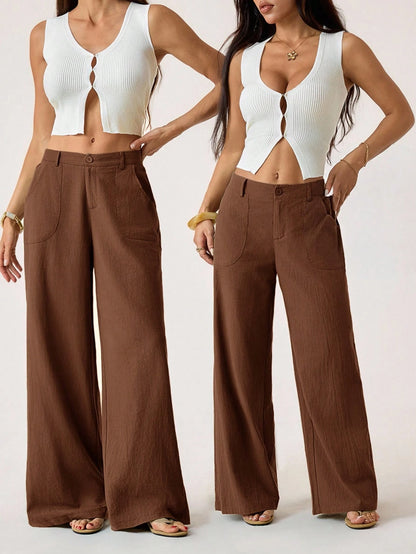 PETITE 100% Washed Cotton Low Waist Straight Pants Linen Pants For Women Loose Pants For Women Pants For Women Brown Pants For Women Wide Leg Pants,Petite Women