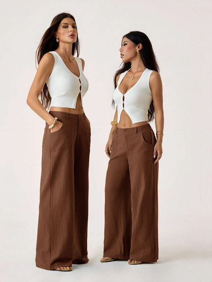 PETITE 100% Washed Cotton Low Waist Straight Pants Linen Pants For Women Loose Pants For Women Pants For Women Brown Pants For Women Wide Leg Pants,Petite Women