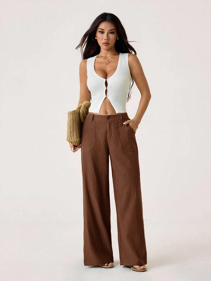 PETITE 100% Washed Cotton Low Waist Straight Pants Linen Pants For Women Loose Pants For Women Pants For Women Brown Pants For Women Wide Leg Pants,Petite Women