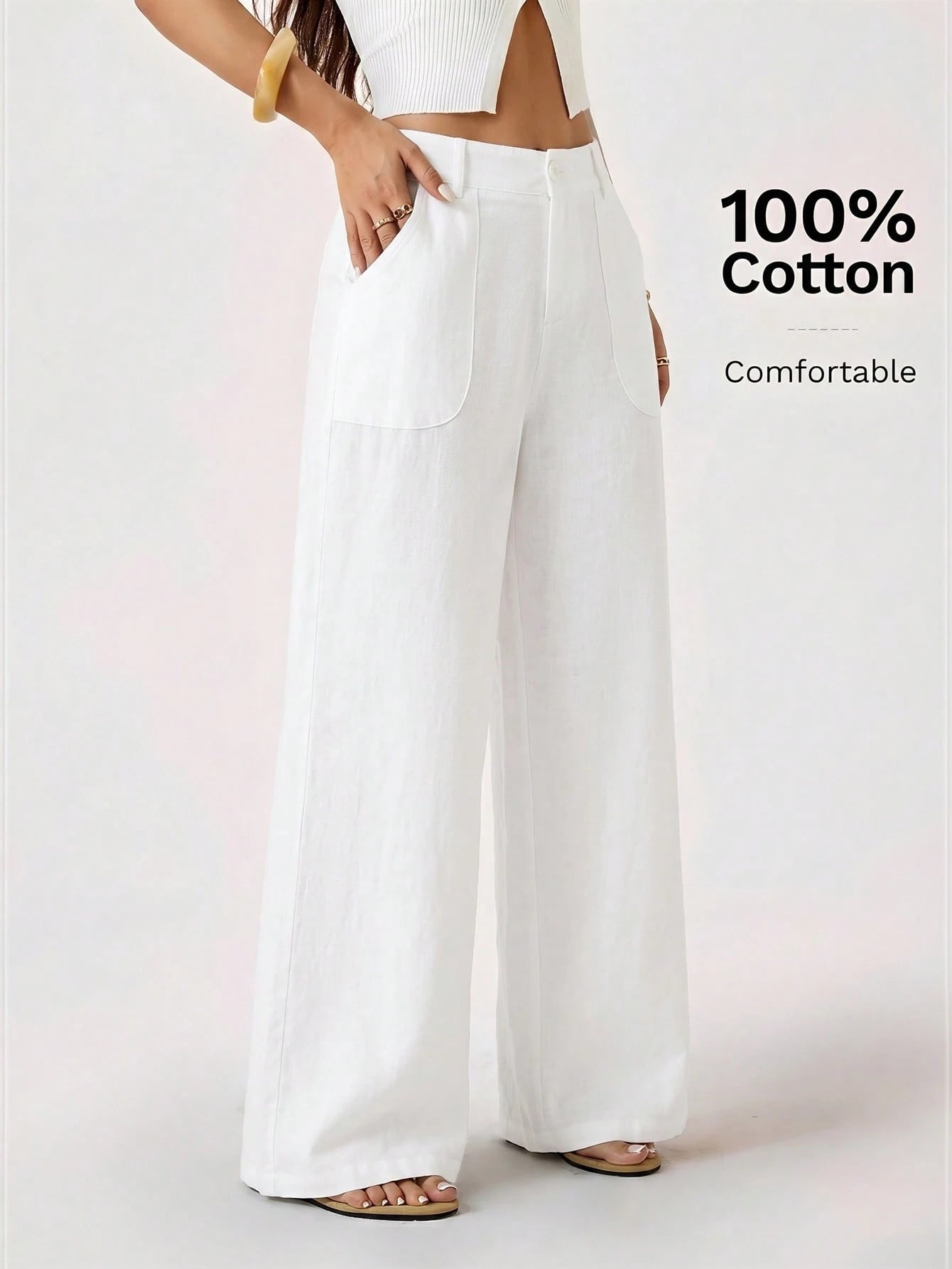 PETITE 100% Washed Cotton Low Waist Straight Pants,Petite Women