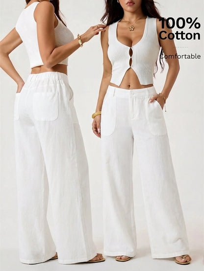 PETITE 100% Washed Cotton Low Waist Straight Pants,Petite Women