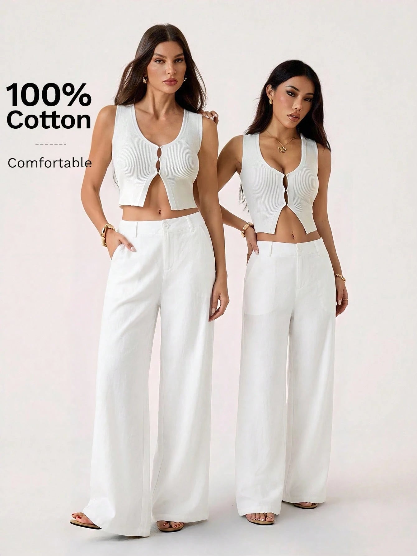 PETITE 100% Washed Cotton Low Waist Straight Pants,Petite Women