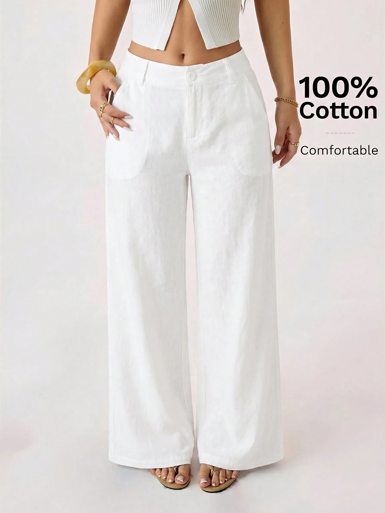 PETITE 100% Washed Cotton Low Waist Straight Pants,Petite Women