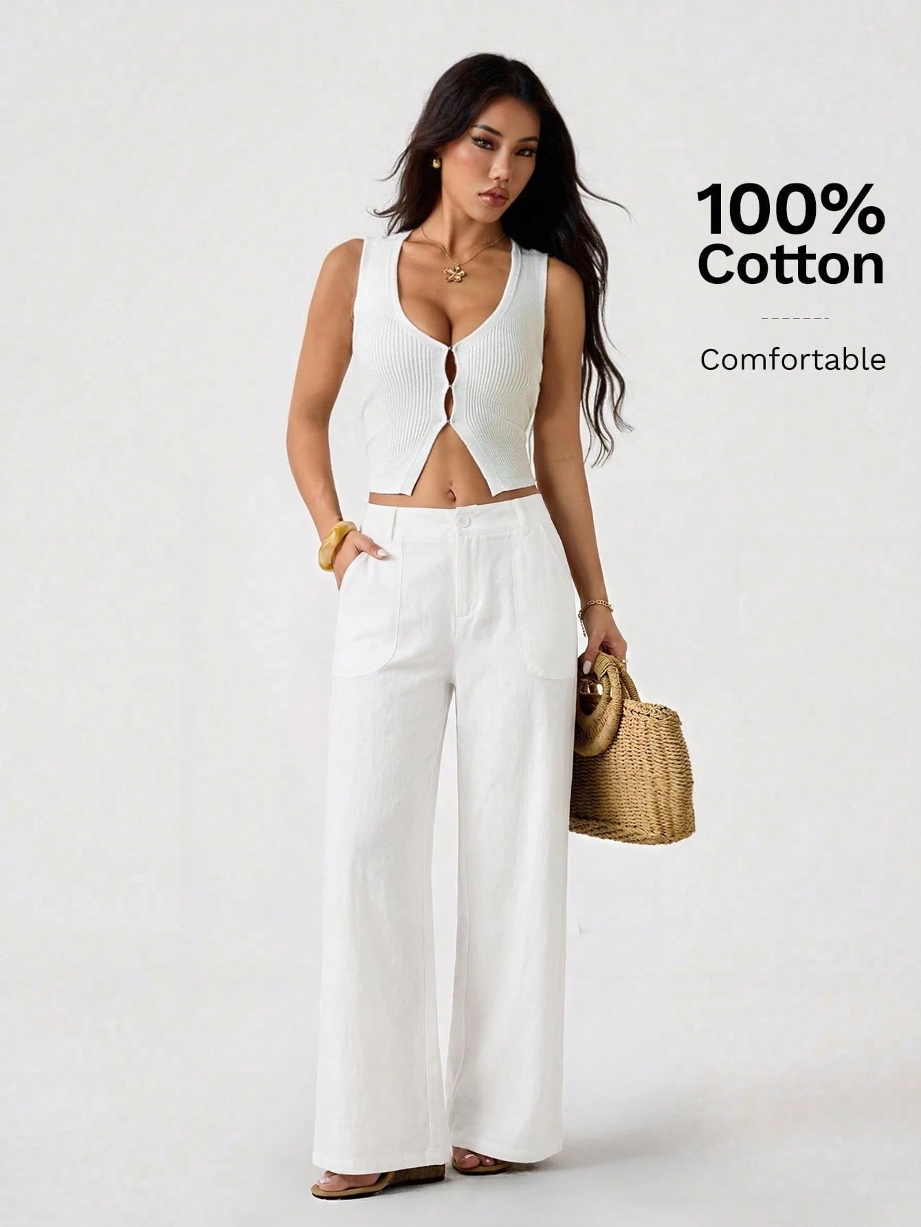 PETITE 100% Washed Cotton Low Waist Straight Pants,Petite Women