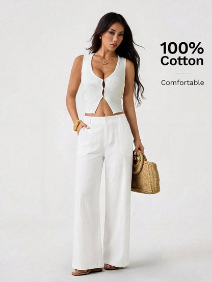 PETITE 100% Washed Cotton Low Waist Straight Pants,Petite Women