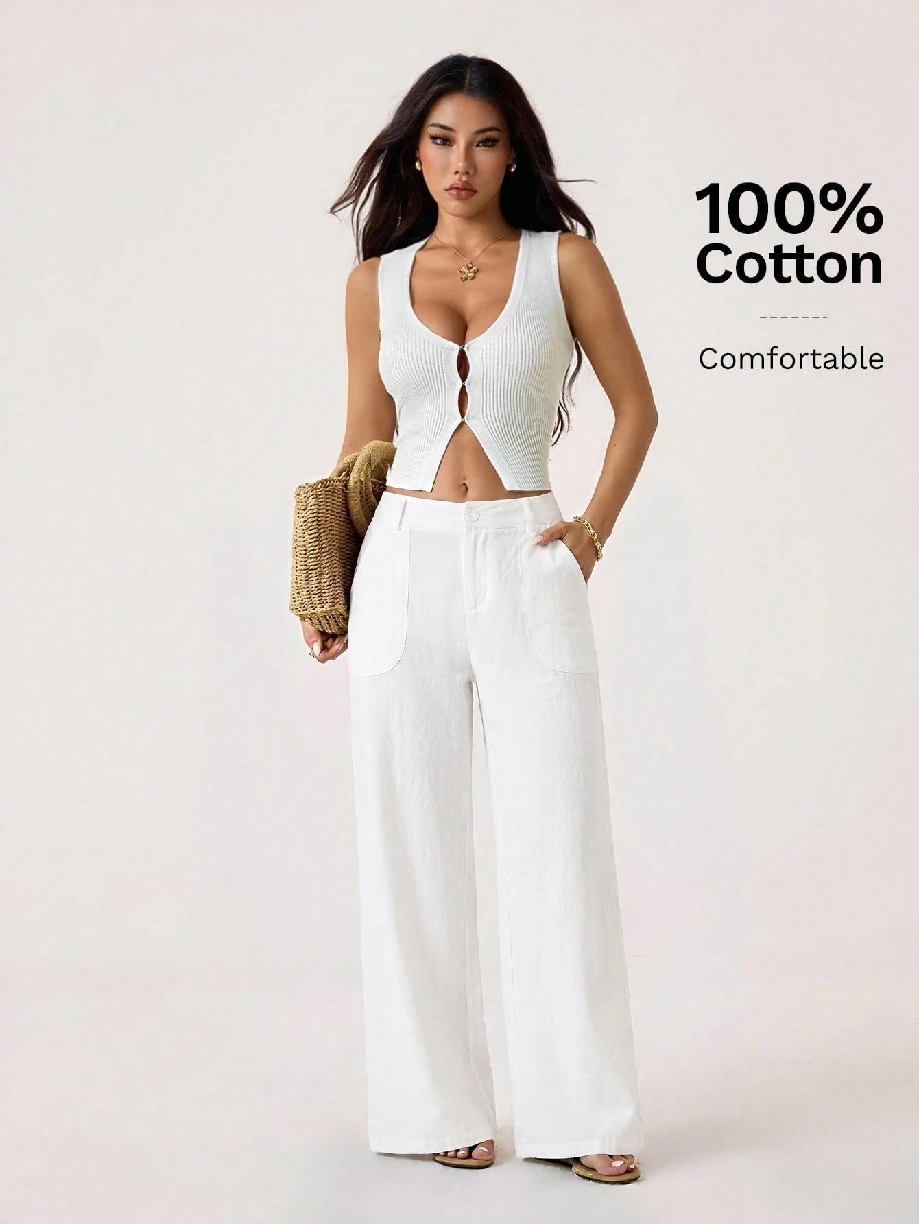 PETITE 100% Washed Cotton Low Waist Straight Pants,Petite Women