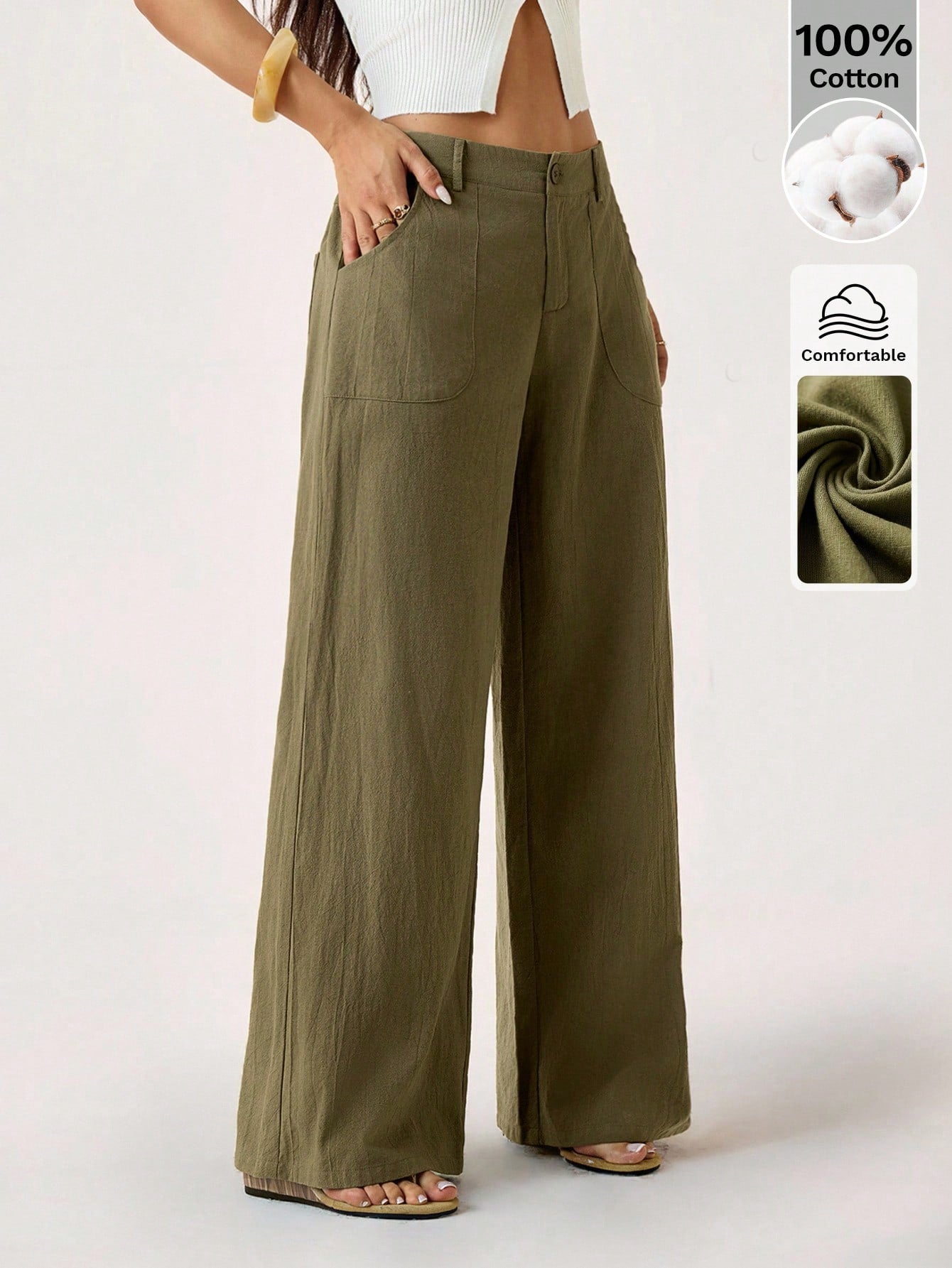 PETITE 100% Washed Cotton Low Waist Straight Pants,Petite Women