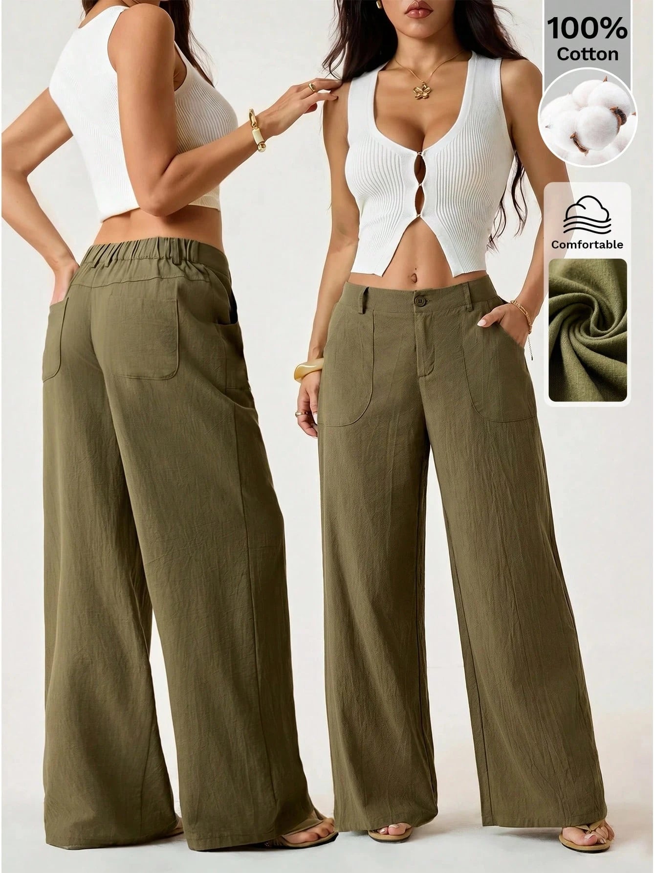 PETITE 100% Washed Cotton Low Waist Straight Pants,Petite Women