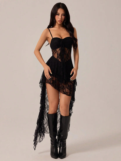 PETITE Black V-Neck Ruffle Trim Short Front Long Back Slip Dress, Y2K Sexy Spaghetti Strap Ruffle Hem Dress,Back To School,Wedding Guest Dress Women,Petite Women