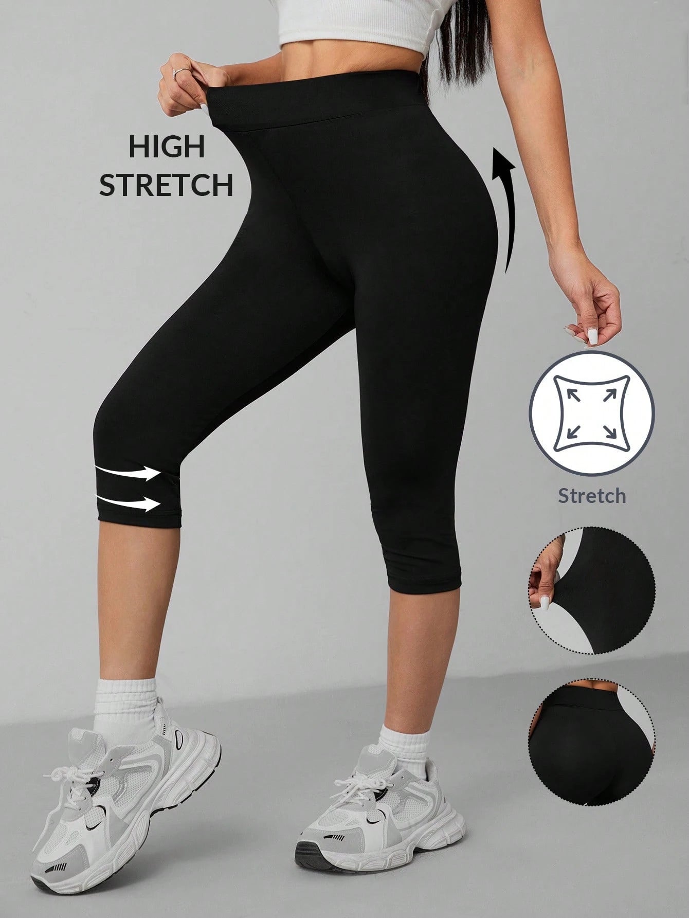 PETITE Casual Black High Waist 3/4 Length Skinny Leggings For Women, Suitable For Summer Suitable For Going Out Fall Clothes Women's Sportswear,Petite Women