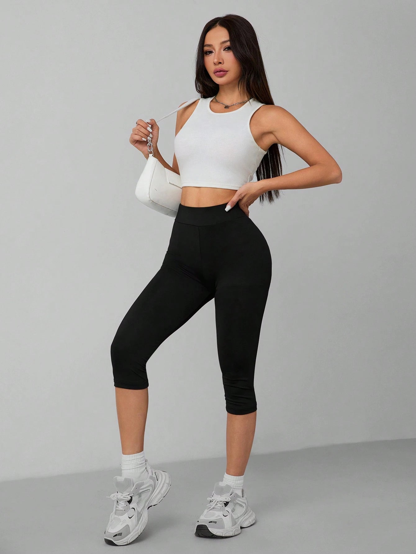 PETITE Casual Black High Waist 3/4 Length Skinny Leggings For Women, Suitable For Summer Suitable For Going Out Fall Clothes Women's Sportswear,Petite Women