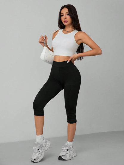PETITE Casual Black High Waist 3/4 Length Skinny Leggings For Women, Suitable For Summer Suitable For Going Out Fall Clothes Women's Sportswear,Petite Women